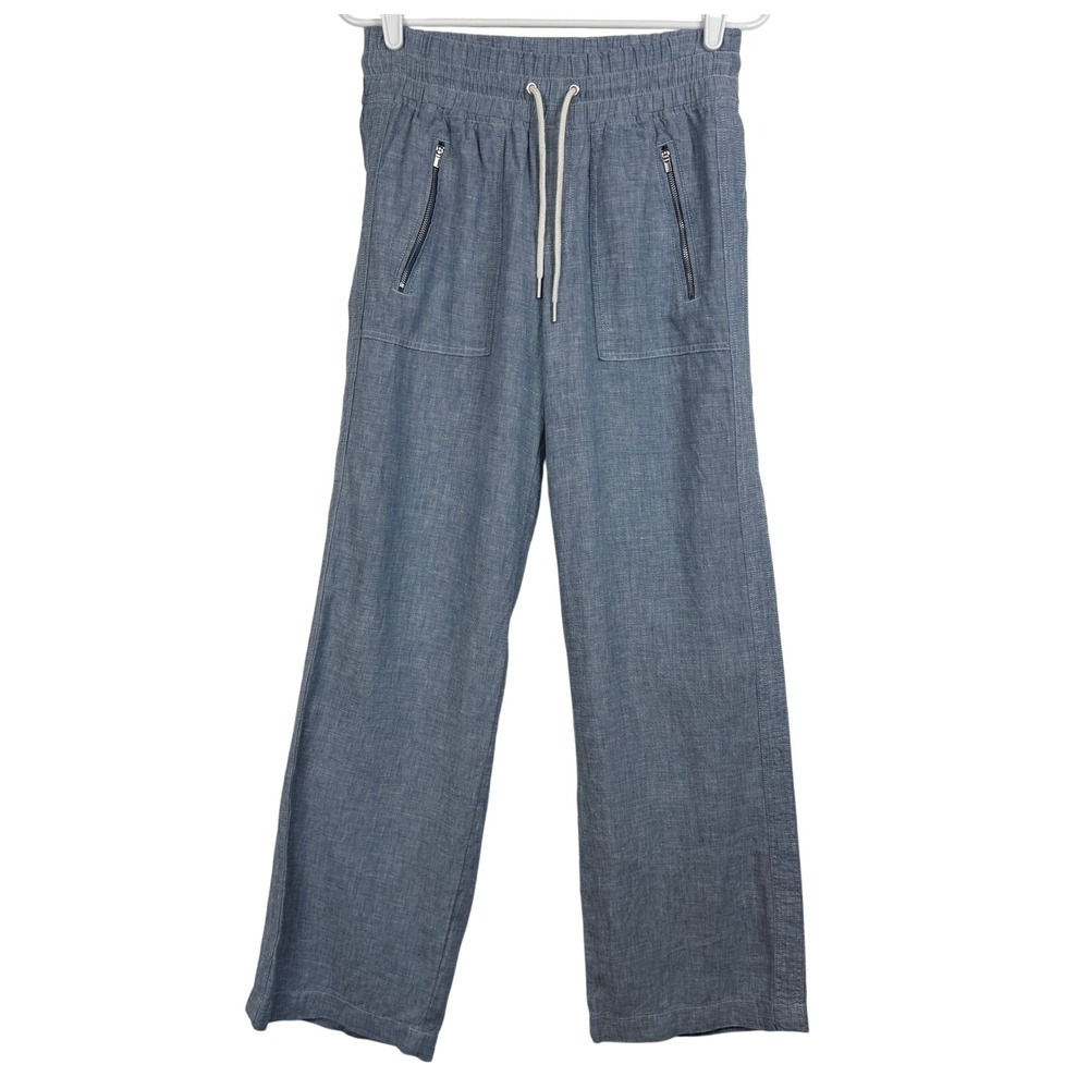 Athleta Women's Wide‎ Leg Linen Blend Pants 4 Blue Drawstring Zippers Pockets